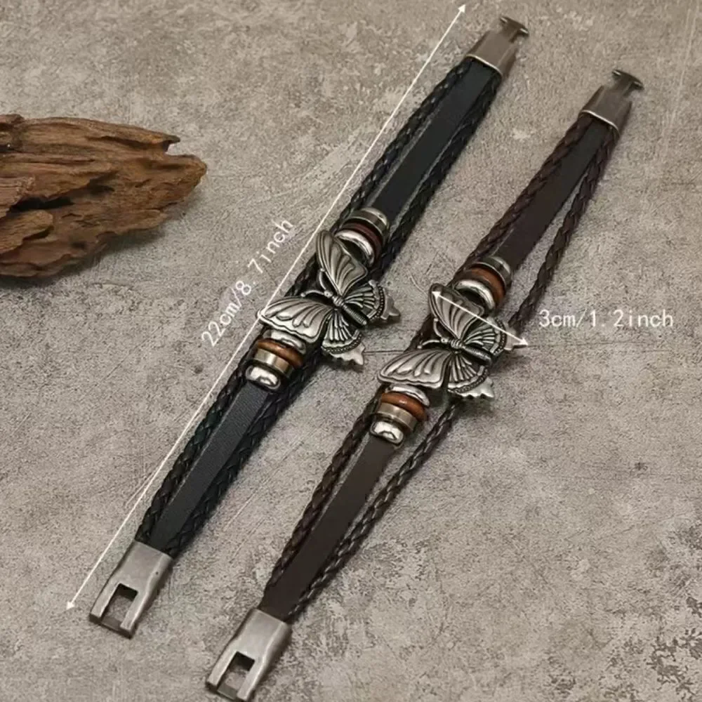 Retro Boho Black PU Leather And Silver Tone Butterfly Bracelet NWT
